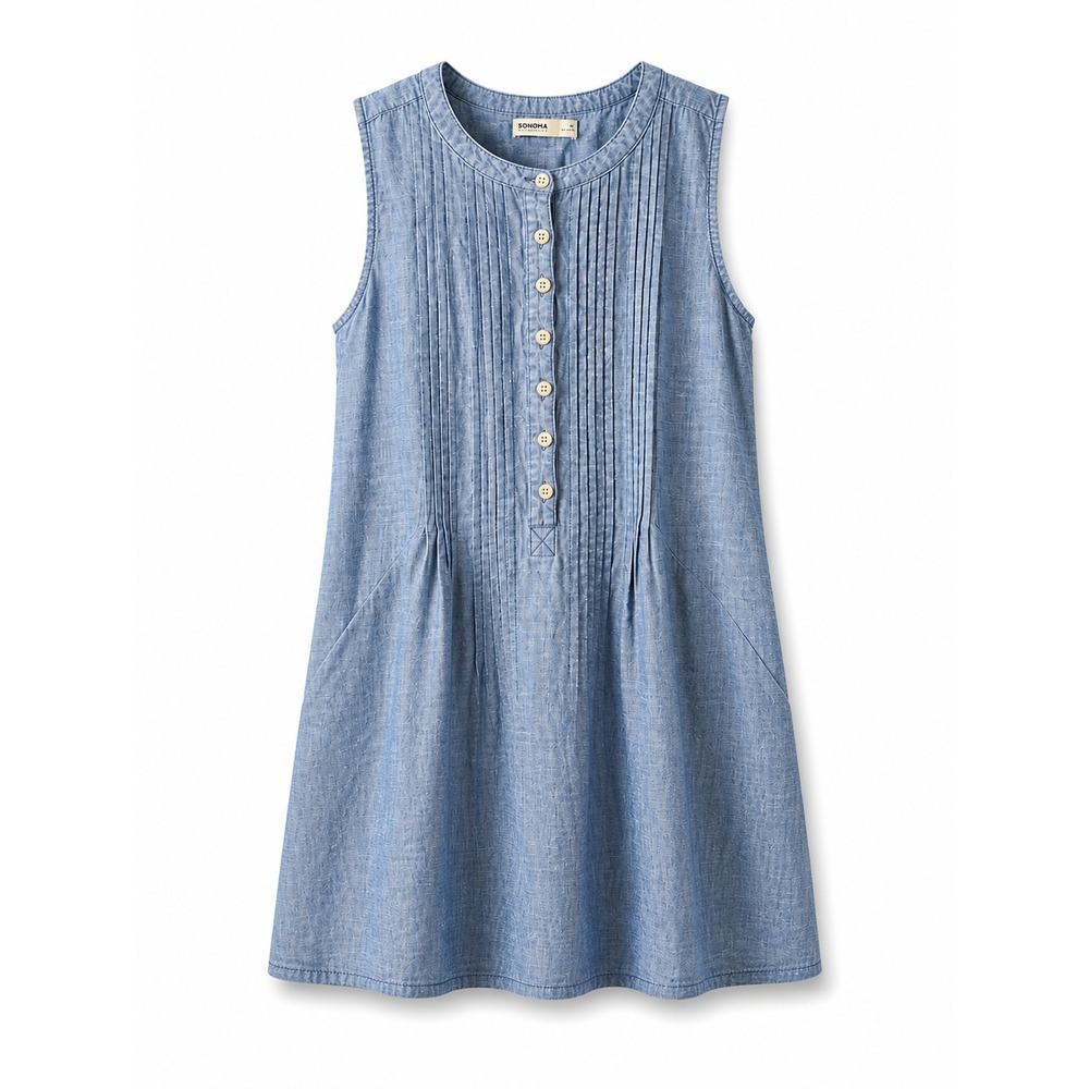 NWT SONOMA XL 100% Cotton Dress Shift Chambray Denim Pleats Pockets & Buttons